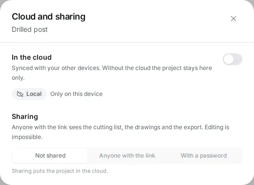 The Cloud and sharing dialog with the In the cloud switch and the sharing options