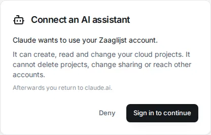 The Connect an AI assistant page, asking to sign in before Claude can use the account