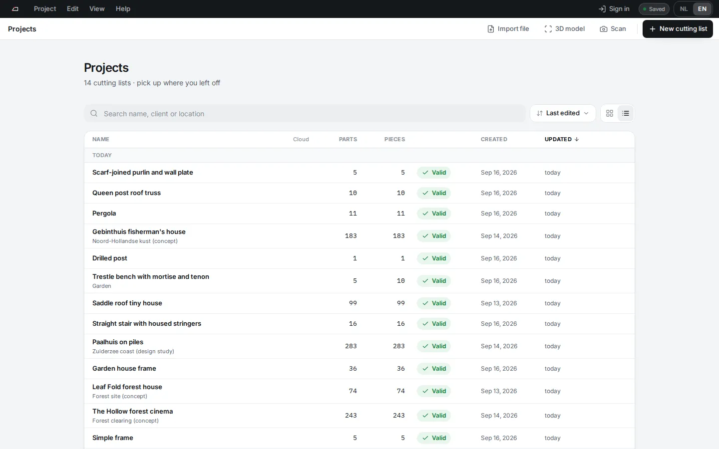 The Projects dashboard with a table of projects and the buttons Import file, 3D model, Scan and New cutting list