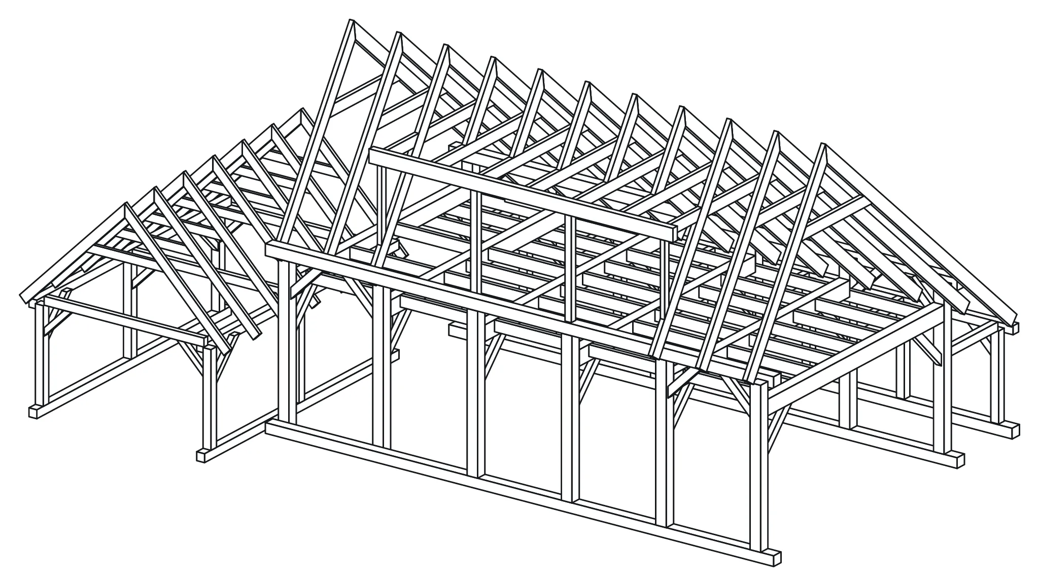 A low house on six repeated bents with a long roof and a dormer