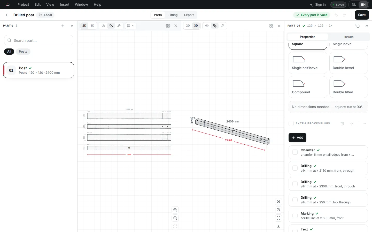 The Parts view with a post selected and its list of extra processings