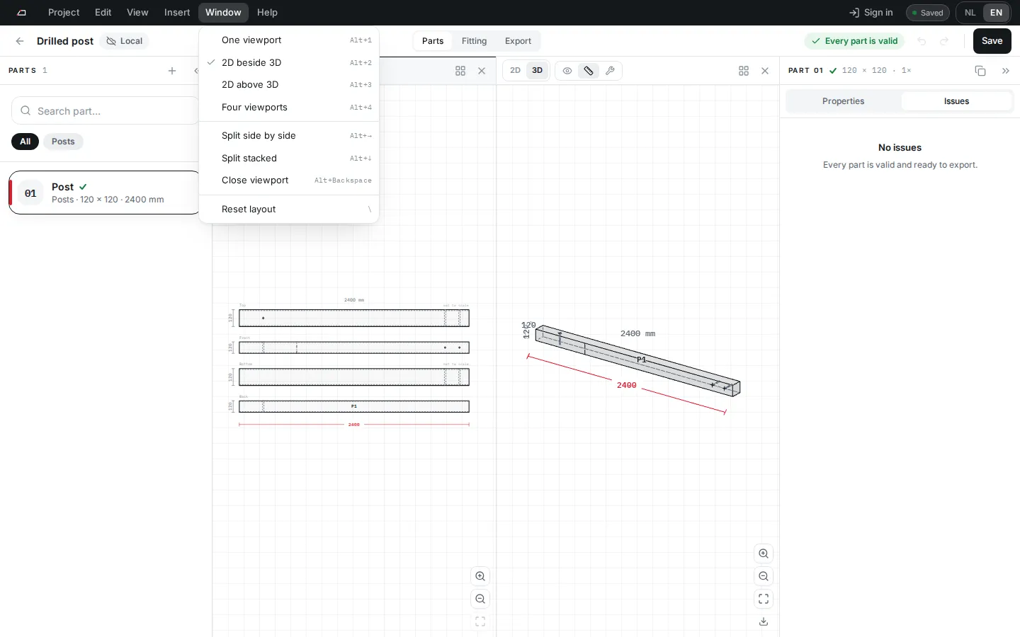The Window menu with layout presets and split commands